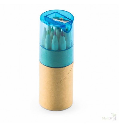 12 Lápices de Colores en Caja de Tubo Promocionales Color Azul Transparente