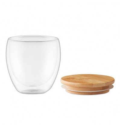 Vaso de cristal con tapa de bambú con anillo de silicona 250ml publicitario