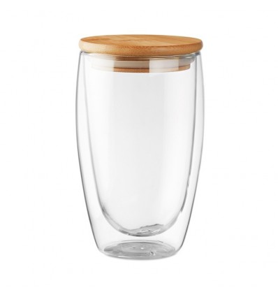 Vaso de cristal de doble pared con tapa de bambú 450ml personalizado Color Transparente