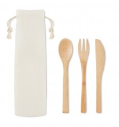 Set de cubiertos de bambú con funda de canvas publicitario Color Beige