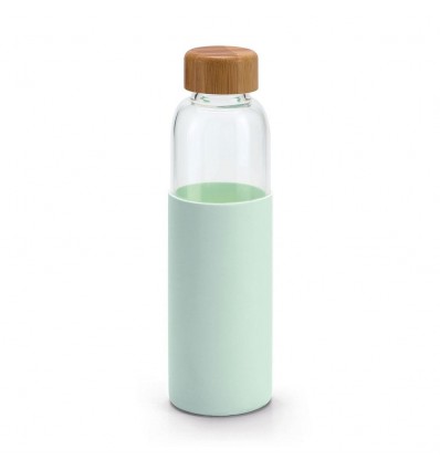 Botella cristal con tapa bambú y funda silicona 600 ml personalizada Color Verde claro