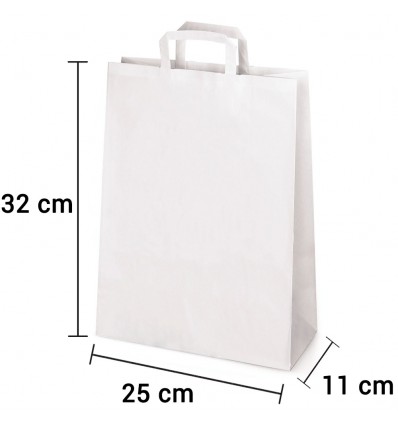 Bolsa de papel blanca con asa plana de 25x11x32 cm personalizada