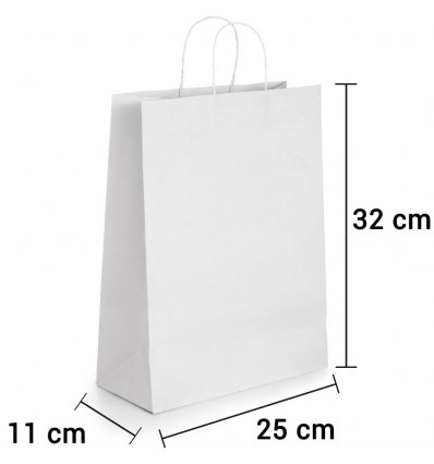 Bolsa de papel blanca con asa rizada de 25x11x32 cm personalizada