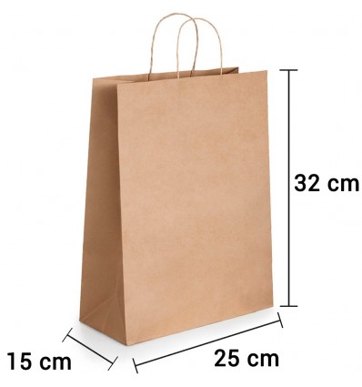 Bolsa de papel kraft marrón con asa rizada de 25x15x32 cm personalizada