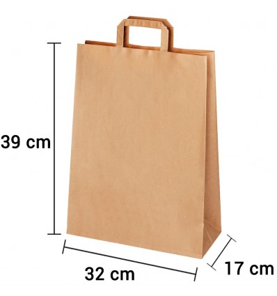 Bolsa de papel kraft marrón con asa plana de 32x17x39 cm personalizada