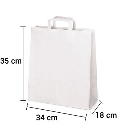 Bolsa de papel blanca con asa plana de 34x18x35 cm personalizada