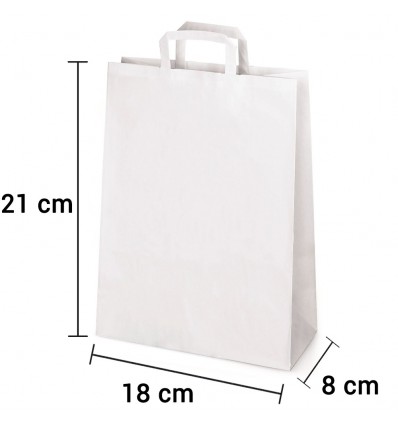 Bolsa de papel blanco con asa plana de 18x8x21 cm personalizada