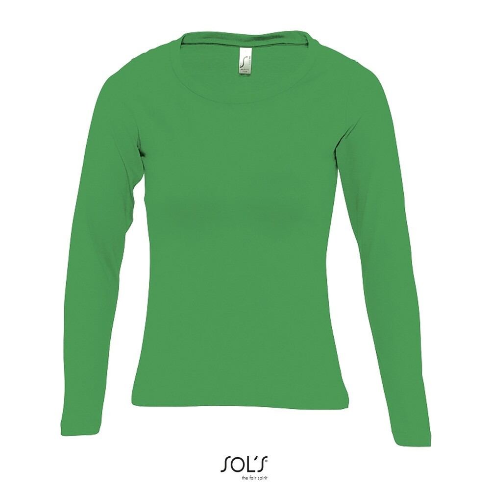 Diseño de camiseta de manga larga verde con vista frontal y posterior