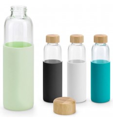Botella cristal con tapa bambú y funda silicona 600 ml publicitaria