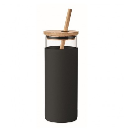 GENERICO Vaso de Vidrio con Tapa Bambú y Bombilla Personalizado