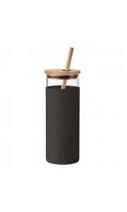 Vaso de cristal con tapa y pajita de bambú y funda | 450 ml