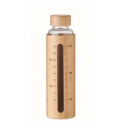 Botella de cristal con funda de bambú con medidor 600 ml publicitaria