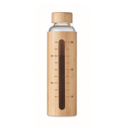 Botella de cristal con funda de bambú con medidor 600 ml personalizada Color Madera