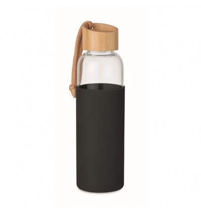 Botella de 500ml con funda silicona y tapón de bambú personalizada Color Negro
