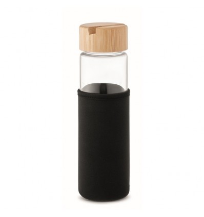 Botella de cristal con funda y tapa con soporte para smartphone - 600 ml personalizada Color Negro