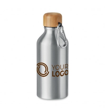 Botella de aluminio con tapón de bambú y mosquetón - 400 ml