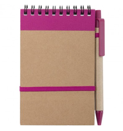 Libreta con anillas A6 con hojas rayadas y bolígrafo con logo Color Fucsia