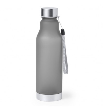 Botella de plástico reciclado con tapón inoxidable y cordón de 600ml personalizada Color Negro