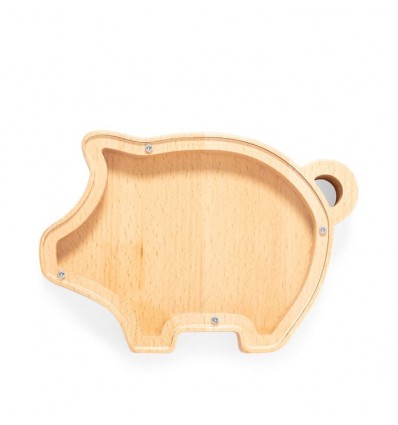 Hucha de madera con forma de cerdito y ventana de metacrilato personalizada Color Natural