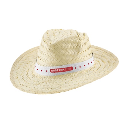 Sombrero de paja natural claro con cinta marcada con un logo rojo