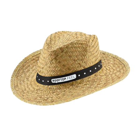 Sombrero de paja natural con cinta personalizada con un logo blanco