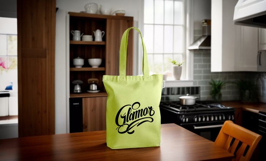 Bolsa de tela reutilizable de color verde con un logo en una cocina