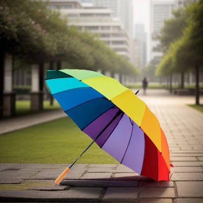Paraguas con estampado arcoíris con un fondo de un parque