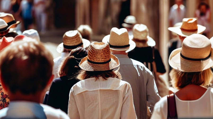 Gente paseando con sombreros de paja en la cabeza