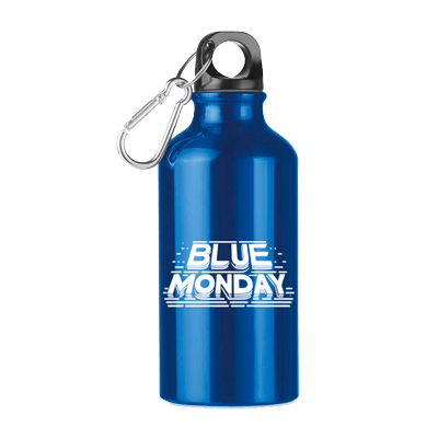 Botella azul con un logo de Blue Monday en blanco