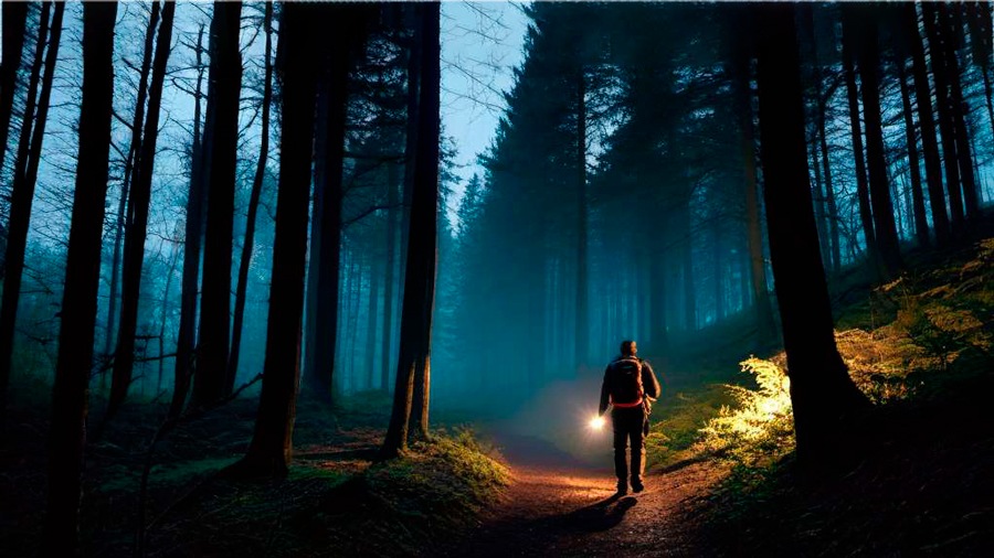 Hombre caminando por un bosque oscuro