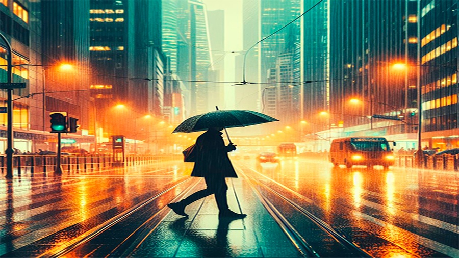 Persona paseando con un paraguas en un día lluvioso