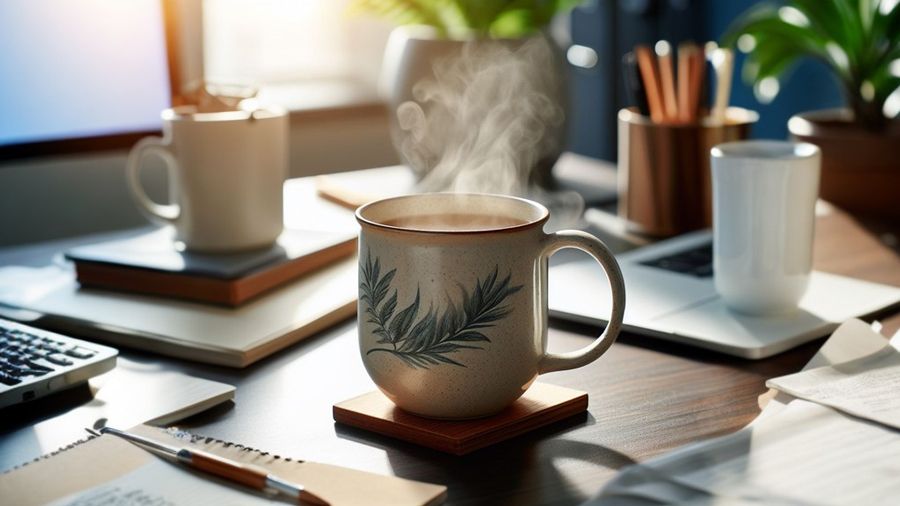 Una taza de cerámica con una bebida caliente en la mesa de un despacho